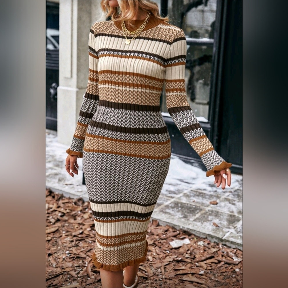 New Chic Striped Ribbed Knit Bodycon Dress Long Sleeve Brown Tan Cream Black - Picture 4 of 10